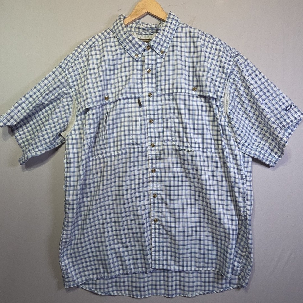 Drake Clothing Co Men's XL Fishing Shirt Blue Plaid Vented Short Sleeve Button U